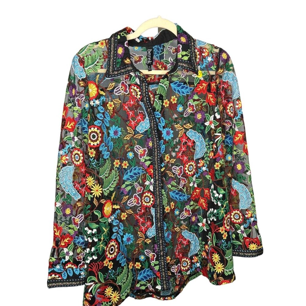 Vintage Berek Medium Mesh Floral Embroidered Jacket Multicolor Long Sleeve